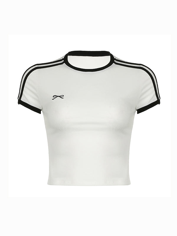 Weißes Y2K Gestreiftes Stickerei Kurzarm T-Shirt