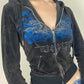 Grunge velvet hoodie with zipper and rhinestone pattern 
