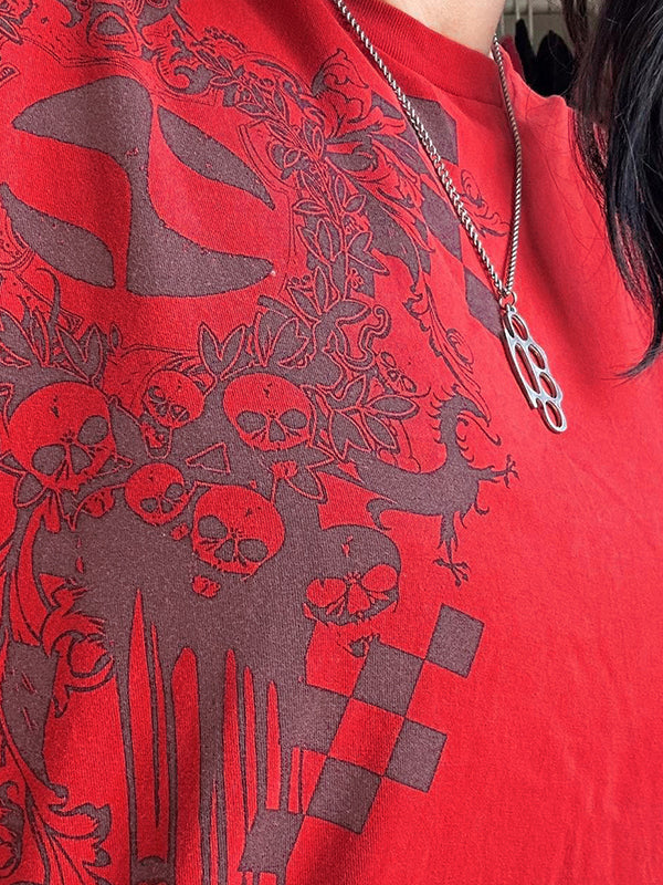 Rotes Hip Hop Übergroßes T Shirt mit Totenkopfdruck und Kurzen Ärmeln
