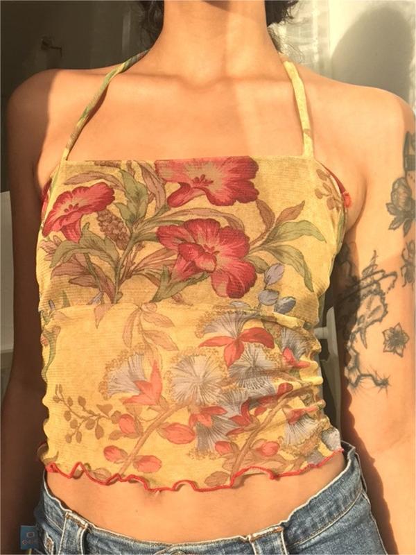 Mesh crop cami top with halter neck and floral print