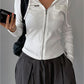 White cropped knit top with hood and zipper