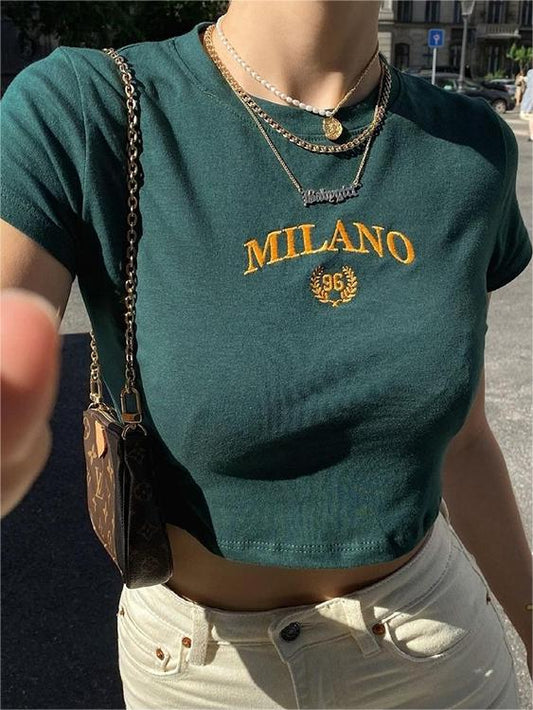 Green short sleeve crop top with embroidered vintage logo