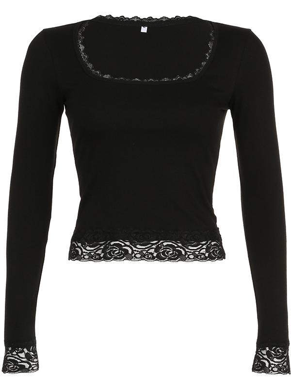 Black long sleeve crop top with square neckline and lace trim