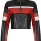 Short leather motorcycle jacket with red stripes