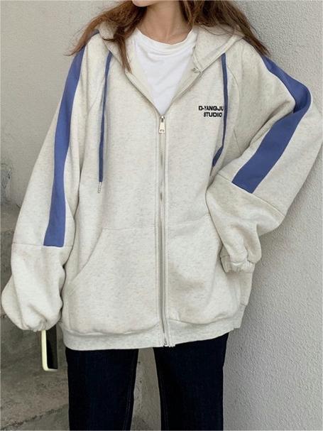 Grey oversized hoodie with zip and blue stripes