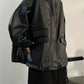 Retro Oversized Black Faux Leather Jacket with Zipper