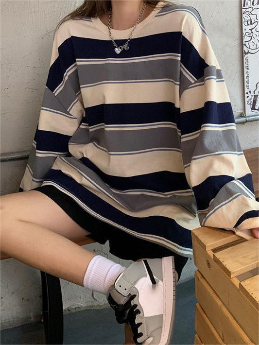 Vintage oversize long sleeve shirt with contrast stripes