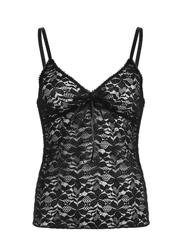Vintage black lace camisole with V-neck and bow