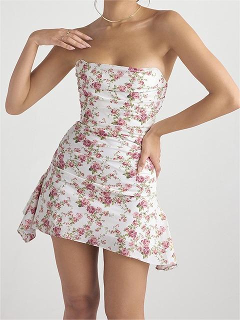 Cute strapless mini dress with a floral pattern