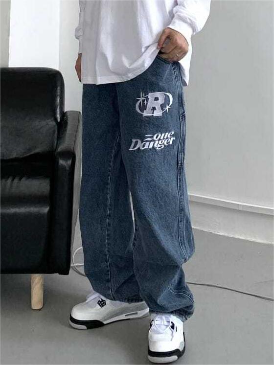 Hip hop straight leg baggy jeans with slogan 