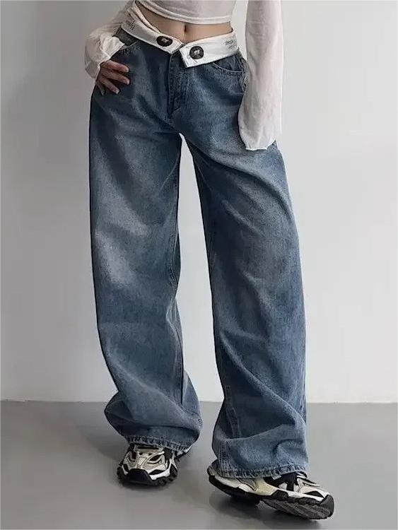 Hip Hop Boyfriend Baggy Jeans mit Faltbaren Bund