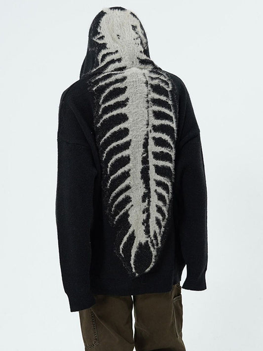 Black punk hoodie with skull jacquard pattern