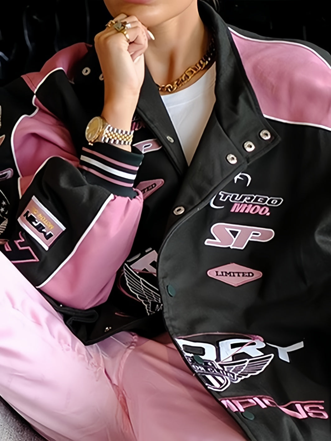 Vintage Black Pink Raglan Moto Jacket with Printed Slogan