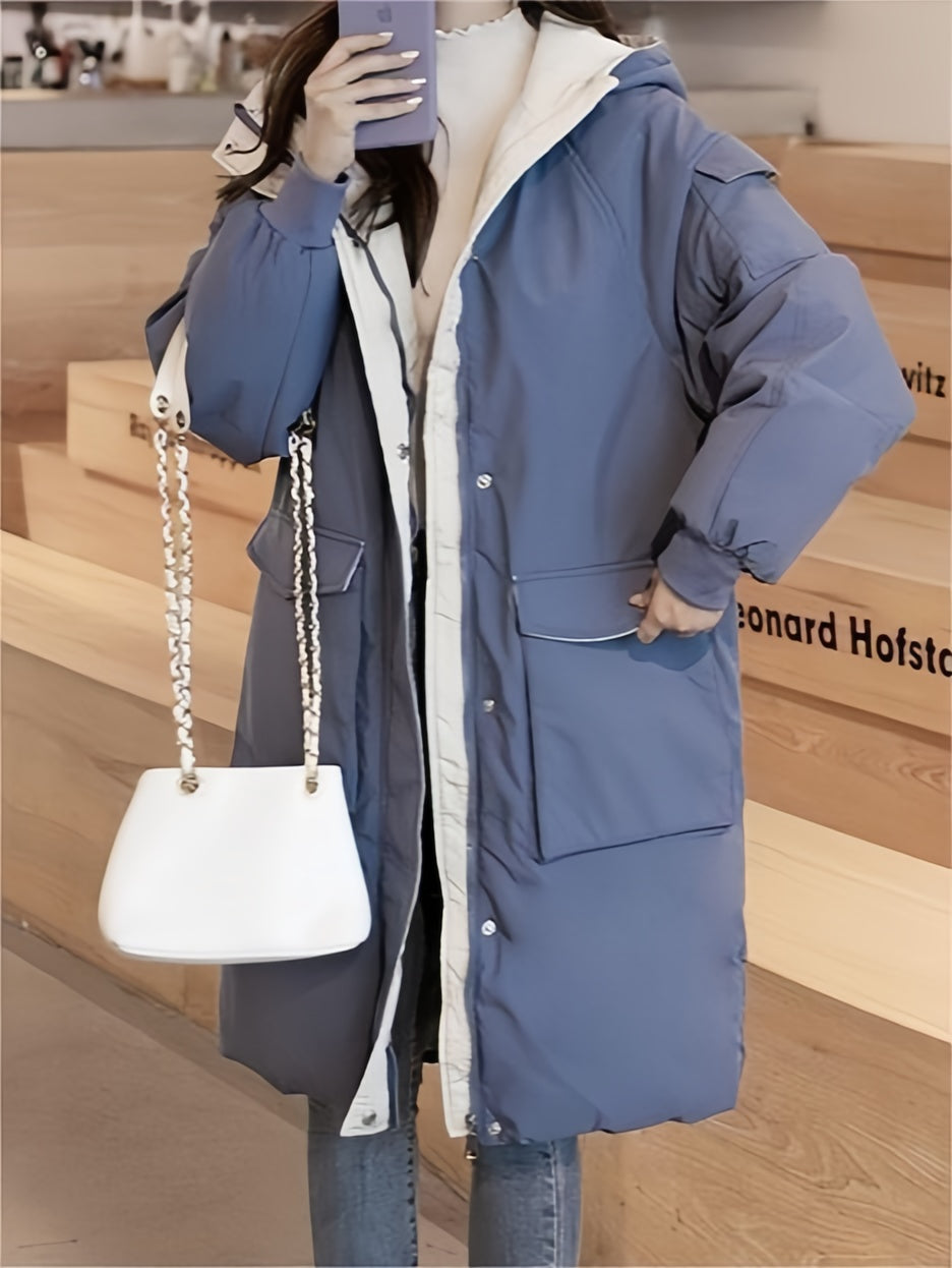 Classic contrast longline quilted jacket with hood 