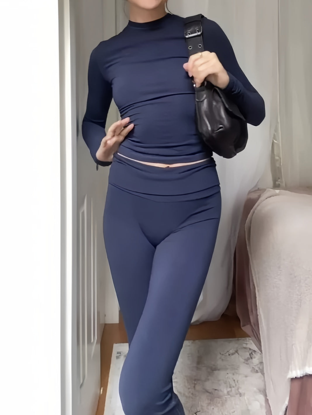 Classic plain long sleeve top and flared trousers set