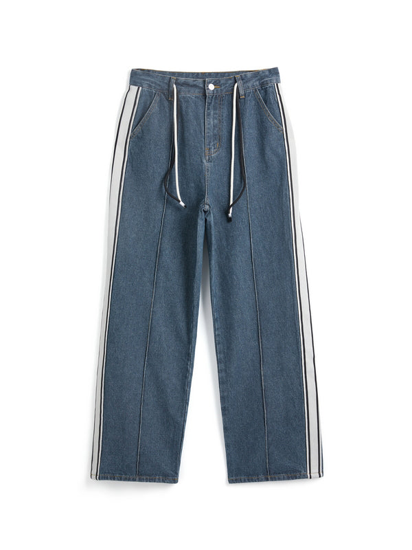 Faded boyfriend jeans with splice piping and drawstring
