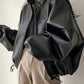 Vintage Black Leather Jacket with Drawstring and Collar Collar