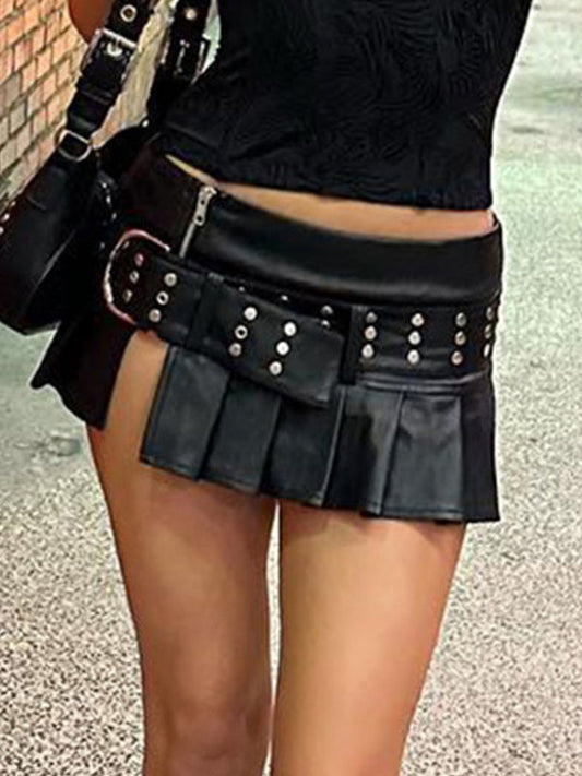 Punk Rivet Belt Pleated Slit Leather Mini Skirt