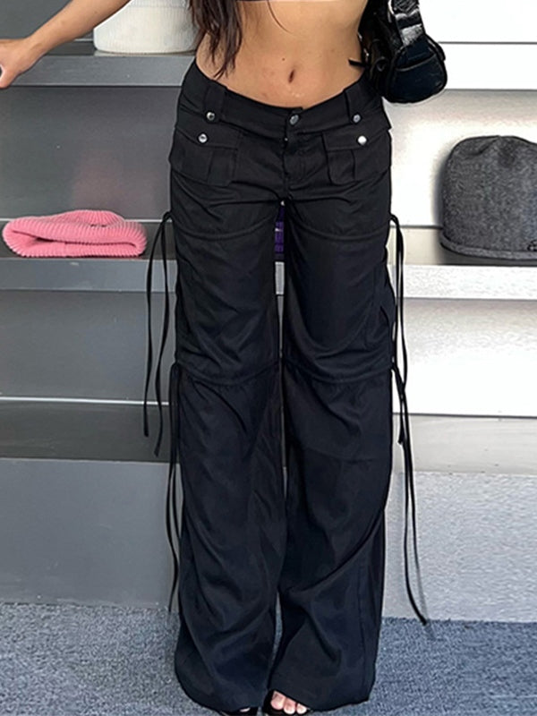 Schwarze Hip Hop Niedriger Taille Cargohose mit Taschen und Bändern