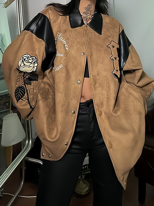 Vintage brown velor leather jacket with embroidery