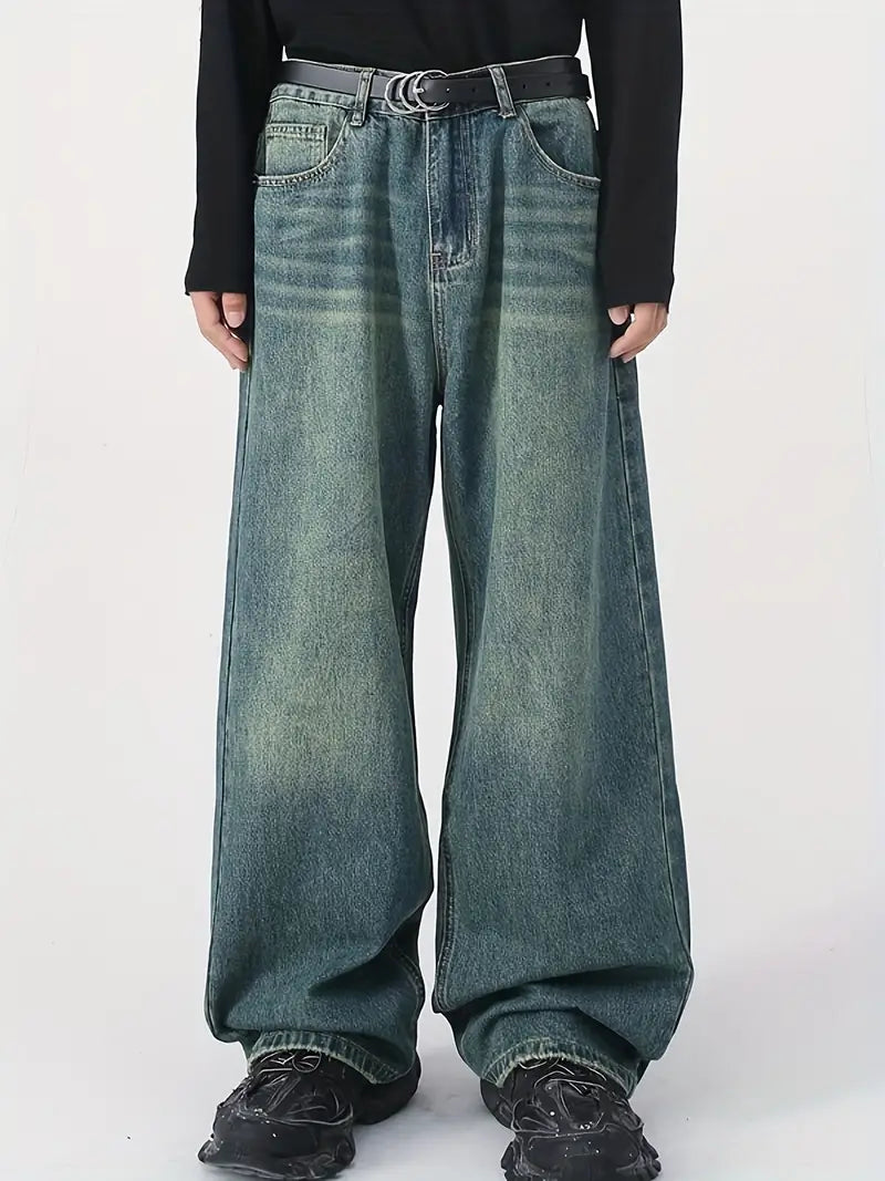 Men's vintage upcycle baggy jeans with faded effect