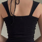 Vintage Black Pleated Halter Tank Top with Wooden Beads
