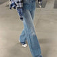 Blaue Vintage High Rise Boyfriend Jeans mit Durchgehendem Fransen Design