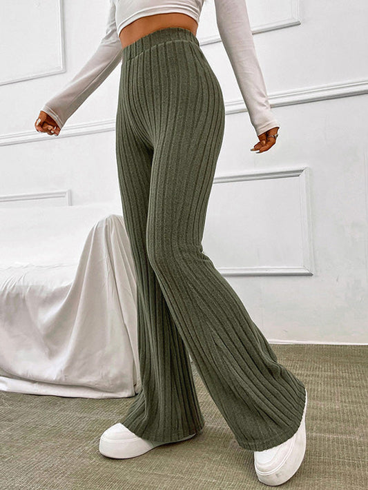 Solid color ribbed high waist flared trousers