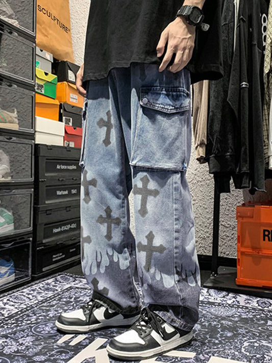 Vintage Herren Gewaschene Cargo Jeans mit Kreuzdruck