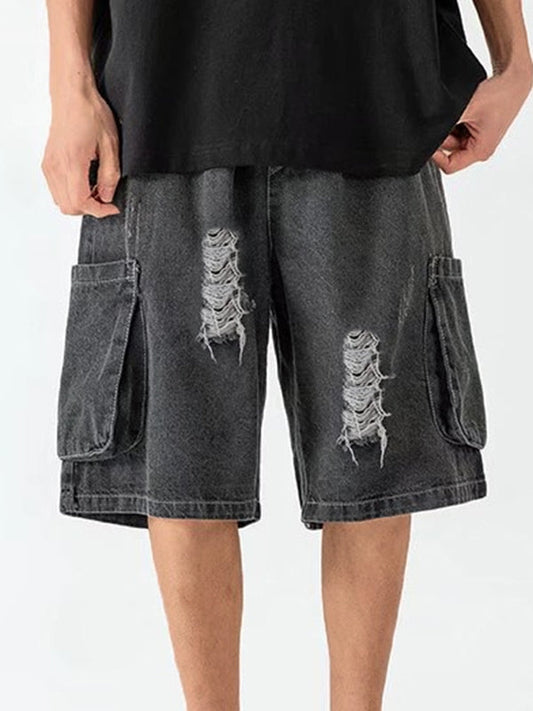 Dunkelgraue Vintage Herren Denim Shorts mit Aufgerissenen Taschen