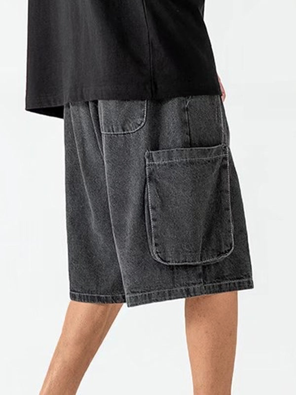 Dunkelgraue Vintage Herren Denim Shorts mit Aufgerissenen Taschen
