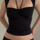Vintage Black Pleated Halter Tank Top with Wooden Beads