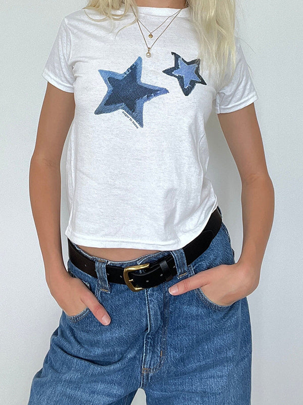 Weißes Y2K T-Shirt mit Sternenmuster und Kurzen Ärmeln