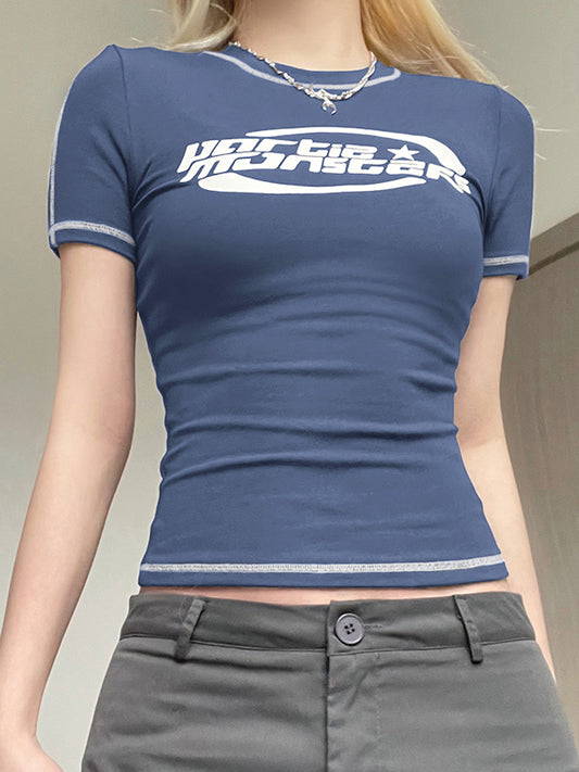 Dunkelblaues Y2K T-Shirt mit Gesticktem Kurzarm Logo Print