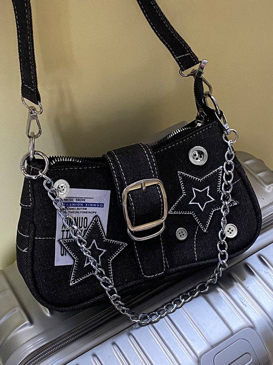 Black denim Y2K shoulder bag with star sticker