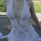 Weißes Vintage Cutout Spitzen Plunge Neck Halter Kleid mit Unregelmäßigem Saum