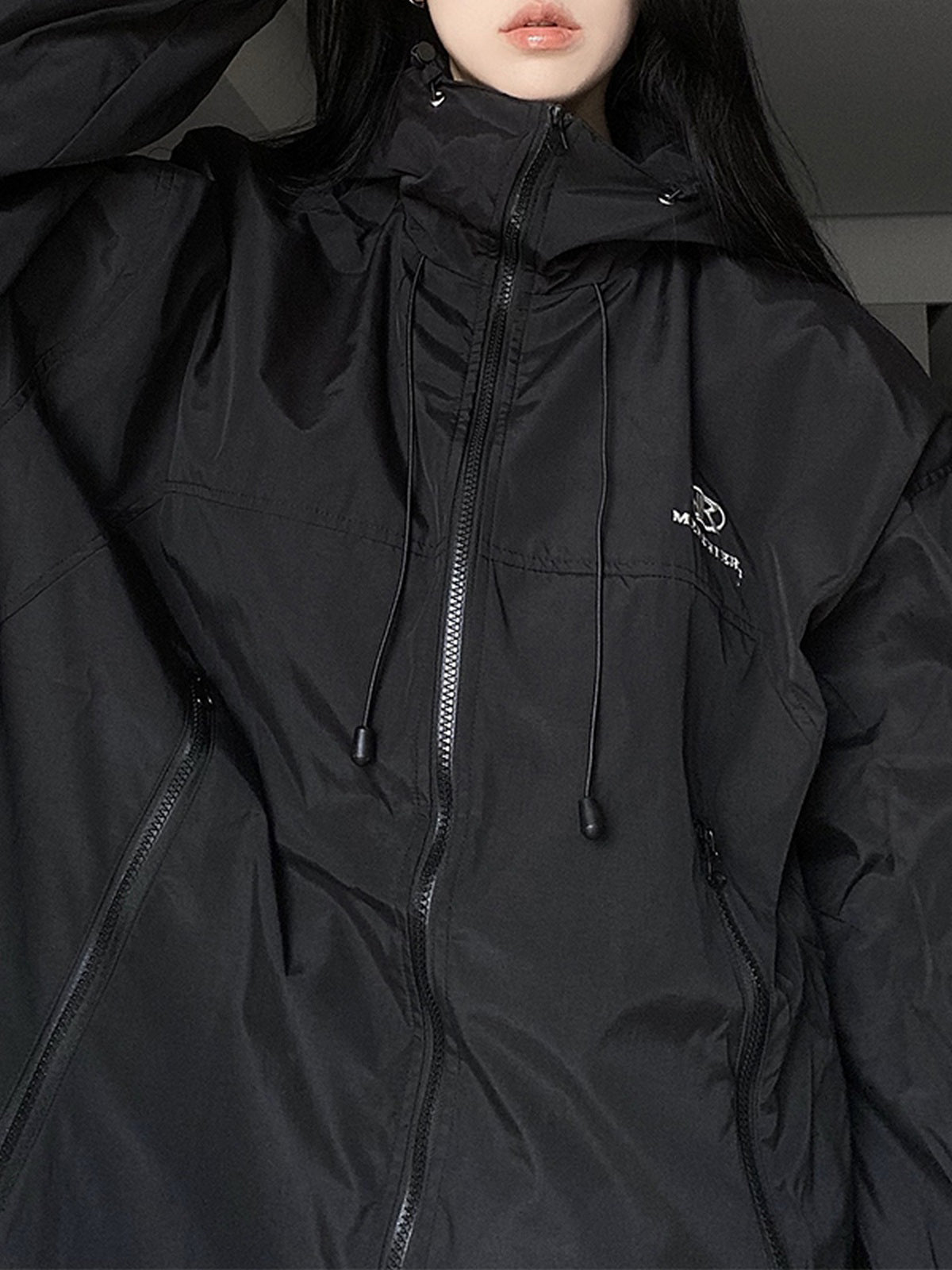 Retro Black Waterproof Oversize Outdoor Jacket with Hood