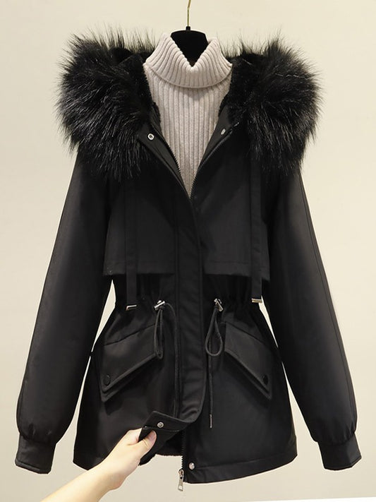Classic black parka coat with hood and vegan fur