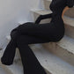 Schwarzer Vintage Jumpsuit mit Langen Ärmeln und Ausgestelltem Bein