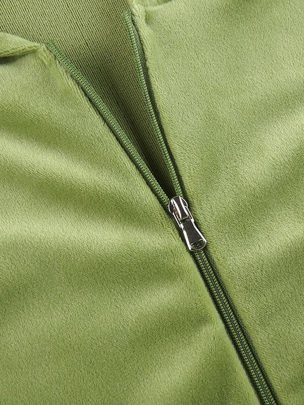Grünes Vintage Samt Trainingsanzug Set mit Reißverschluss und Kapuze