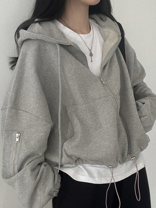 Vintage gray oversize hoodie with zipper and drawstring