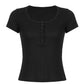 Ribbed short-sleeved basic top with button placket and round neckline