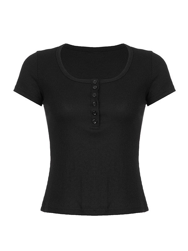 Ribbed short-sleeved basic top with button placket and round neckline