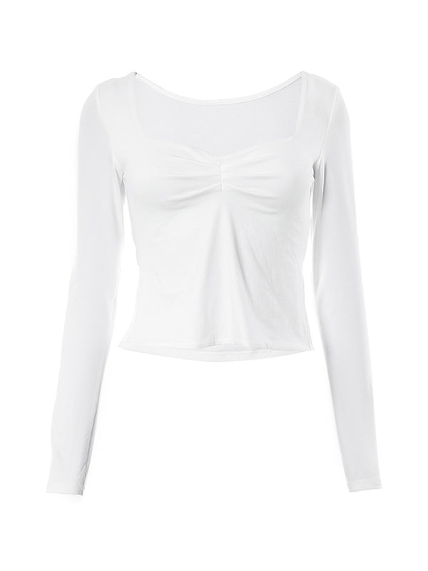 Plain long-sleeved top with square neckline and slit