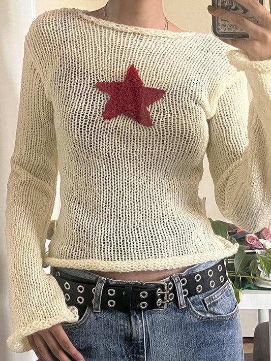 Vintage White Knitted Crochet Crop Top with Star Patch