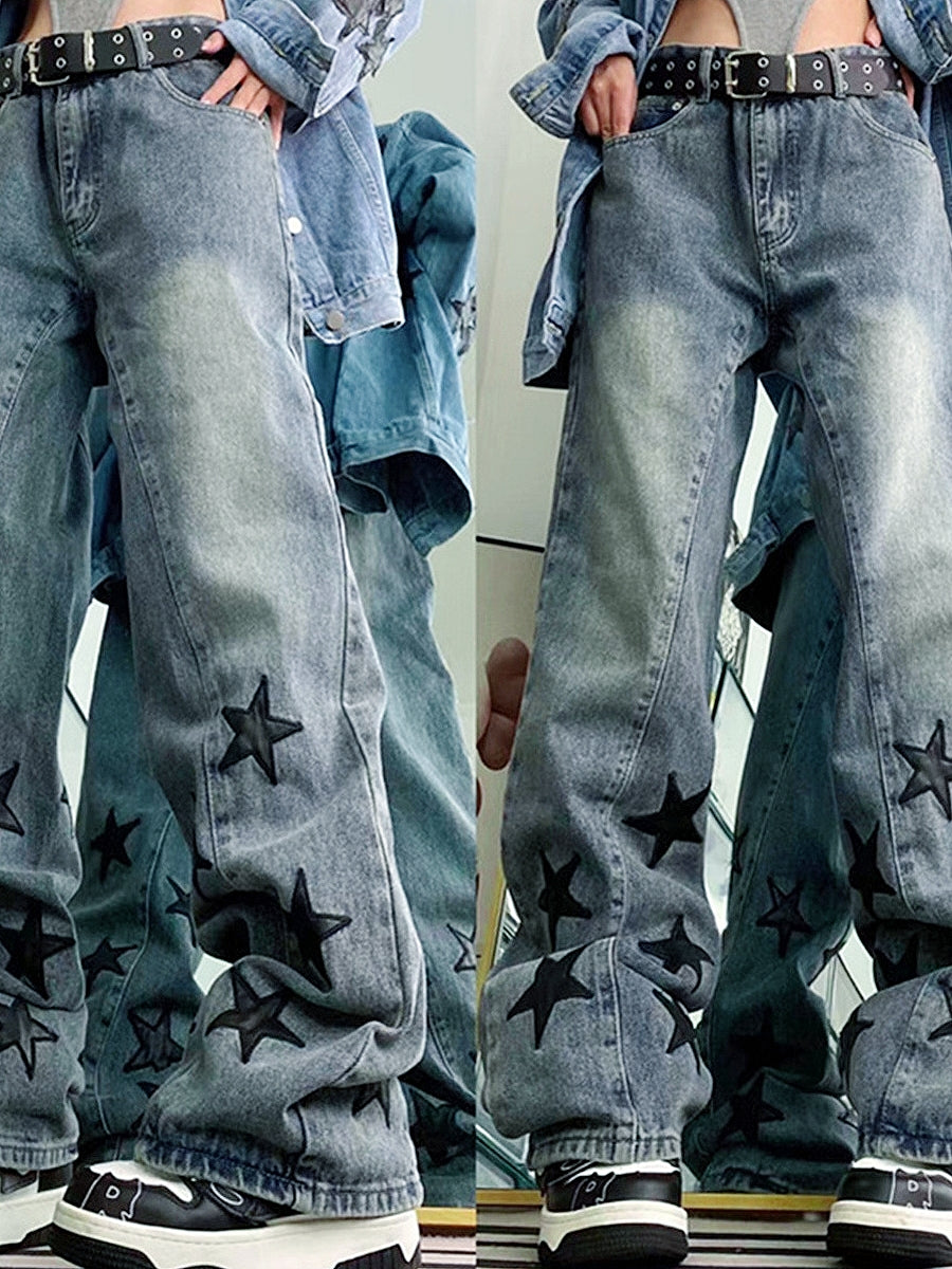 Washed Blue Vintage Boyfriend Jeans with Star Design