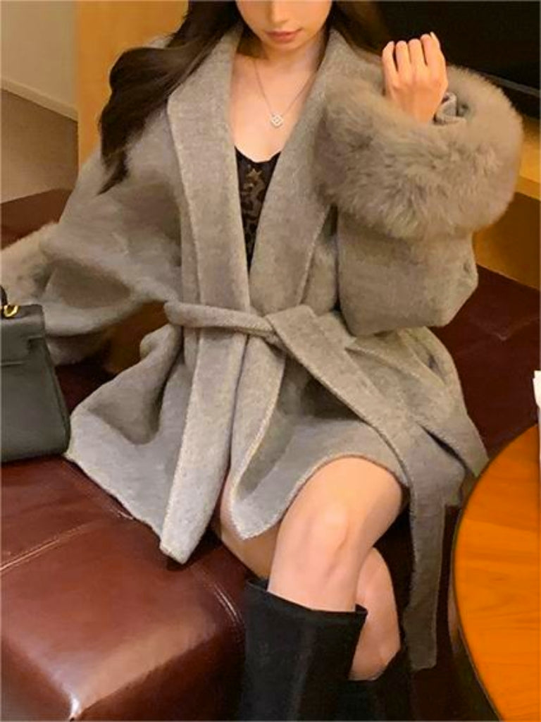 Classic solid color faux fur coat with belt