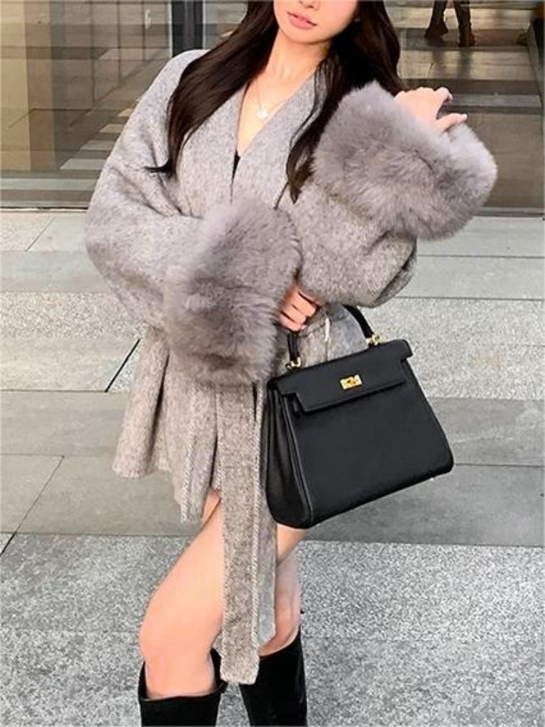 Classic solid color faux fur coat with belt