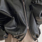 Vintage Black Leather Jacket with Drawstring and Collar Collar