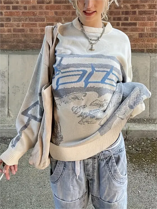Vintage oversize jacquard sweater with graphics